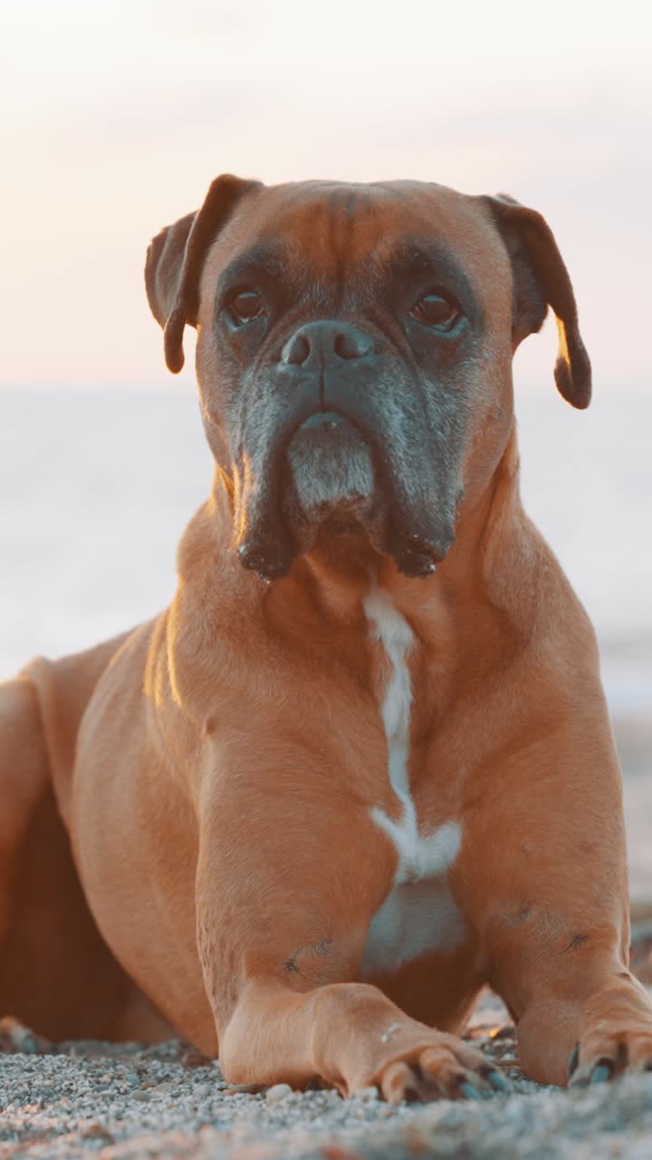 Boxer dog lying on the beach at sunset