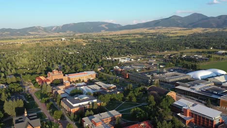 drone view of montana state university campus in bozeman, montana.