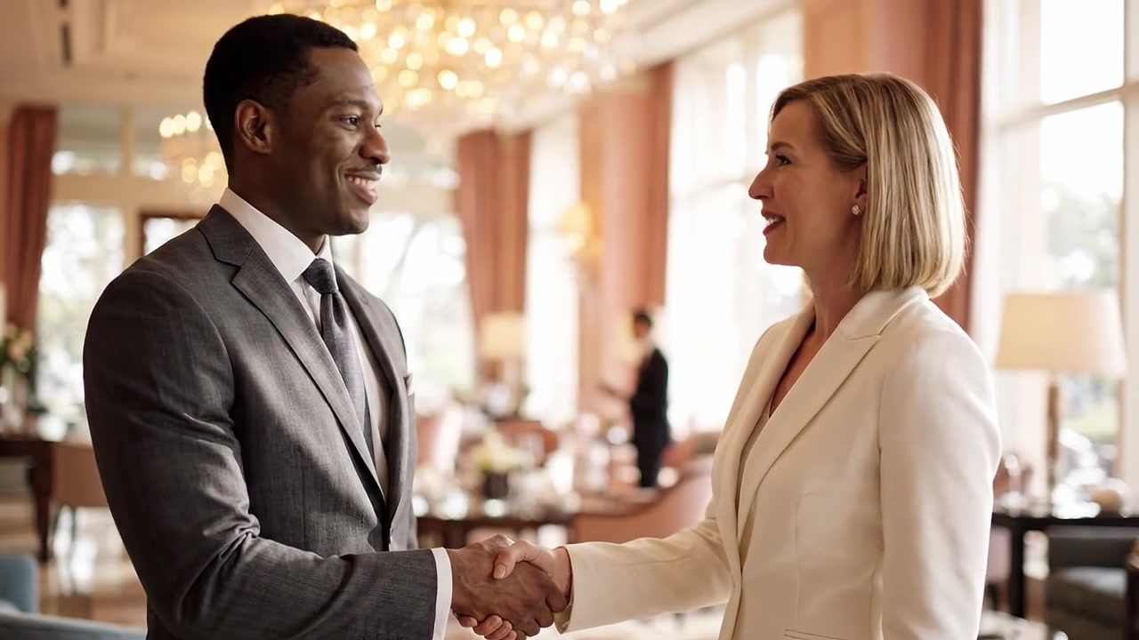 A Warm Business Meeting: Two Professionals Engaged in a Friendly Conversation and Handshake in a Modern Office Environment with Elegant Interior Design