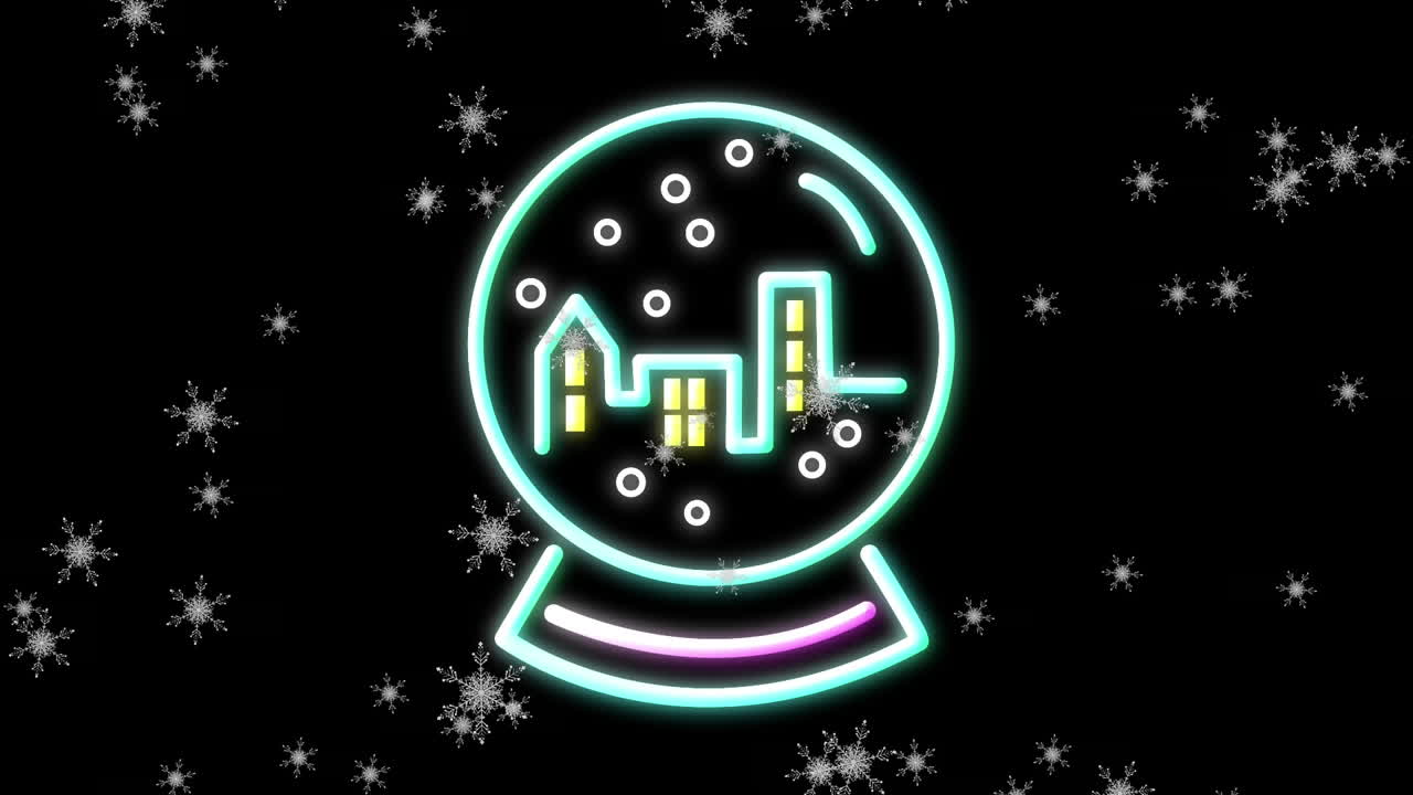 검은 바탕에 크리스마스 네온 장식 위에 내리는 눈의 애니메이션