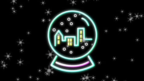 animation of snow falling over christmas neon decoration on black background