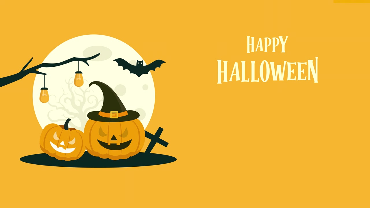 Augurio animato di Buon Halloween con zucche e pipistrello