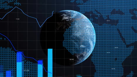 animación del procesamiento de datos financieros en el mapa del mundo y el globo