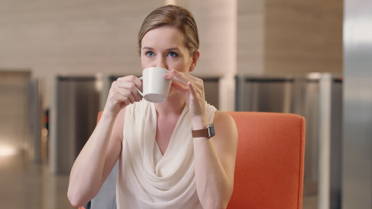 mujer de negocios caucásica usando reloj inteligente en la recepción de negocios