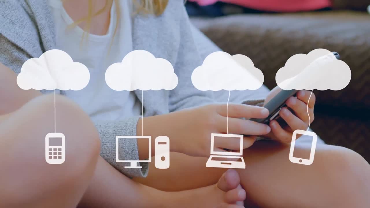 animación de nubes e iconos de medios sobre una niña que usa un teléfono inteligente