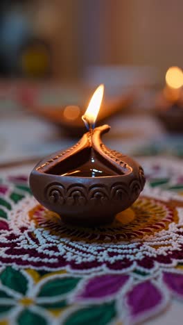 close-up of a lit clay diya on a colorful rangoli, captured from a low angle