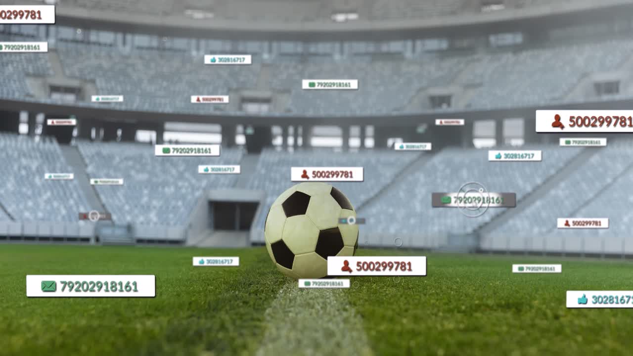 animación de iconos de las redes sociales en pancartas sobre el fútbol en el campo