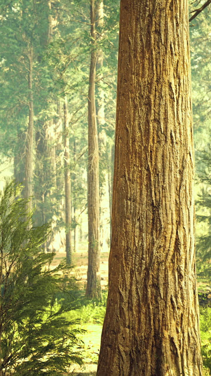 Maestosi alberi ad alto fusto e vegetazione lussureggiante in una foresta durante la luce del mattino