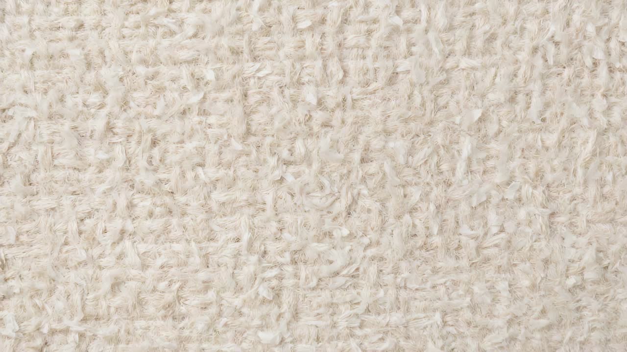 Zoom della camera che ispeziona un tessuto beige intrecciato in studio, rivelando filati ad anello e ciuffi tagliati