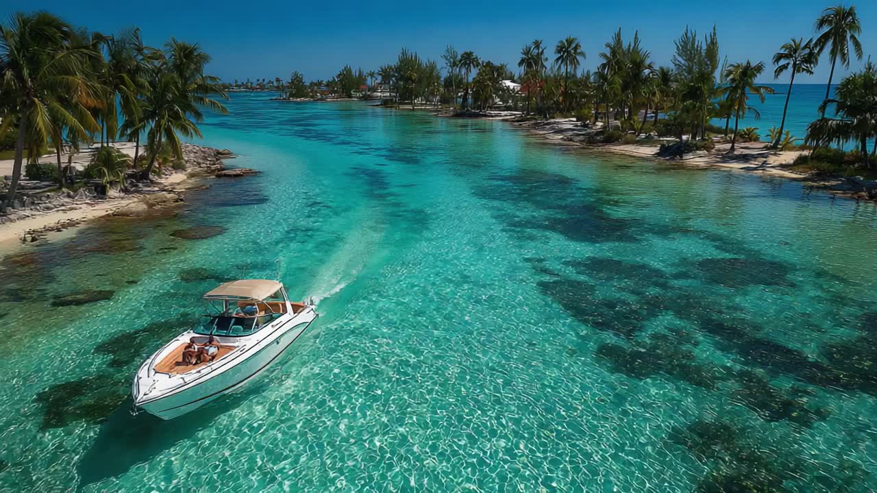 Un sereno viaggio su acque cristalline: esplora la tranquilla bellezza di una laguna tropicale circondata da lussureggianti palme e spiagge sabbiose