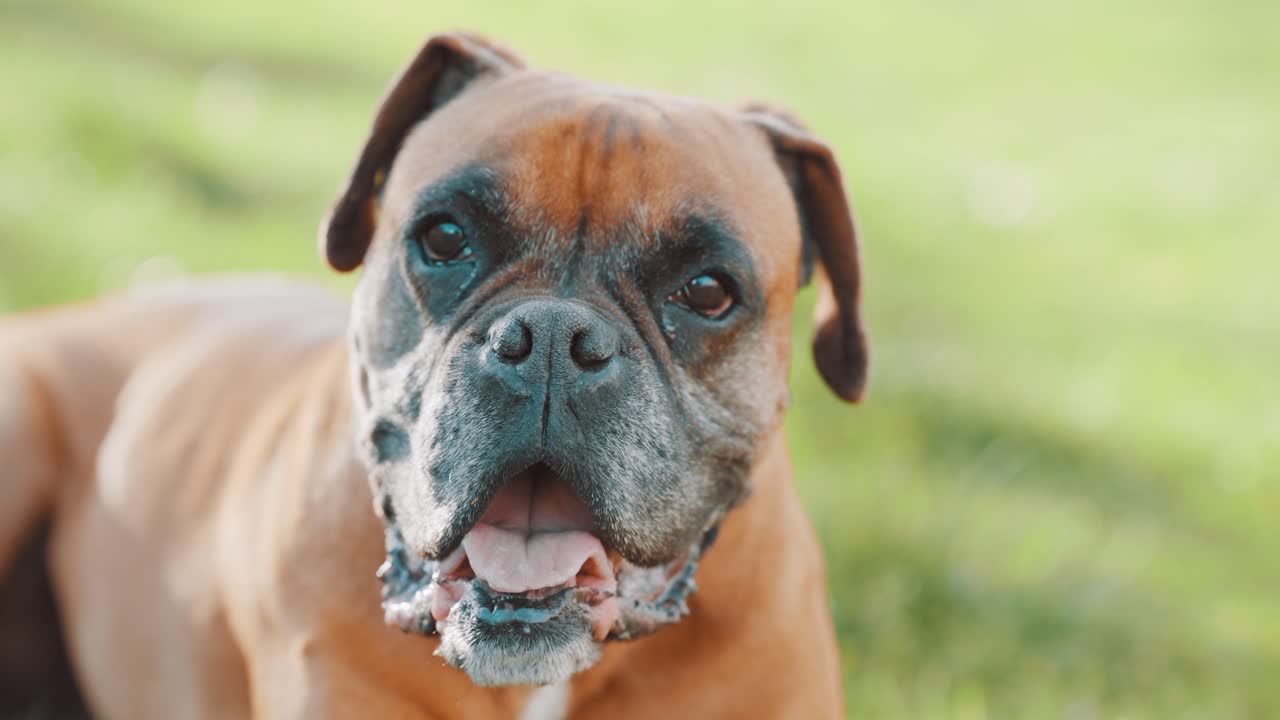 Boxer dog looking at camera panting in a field