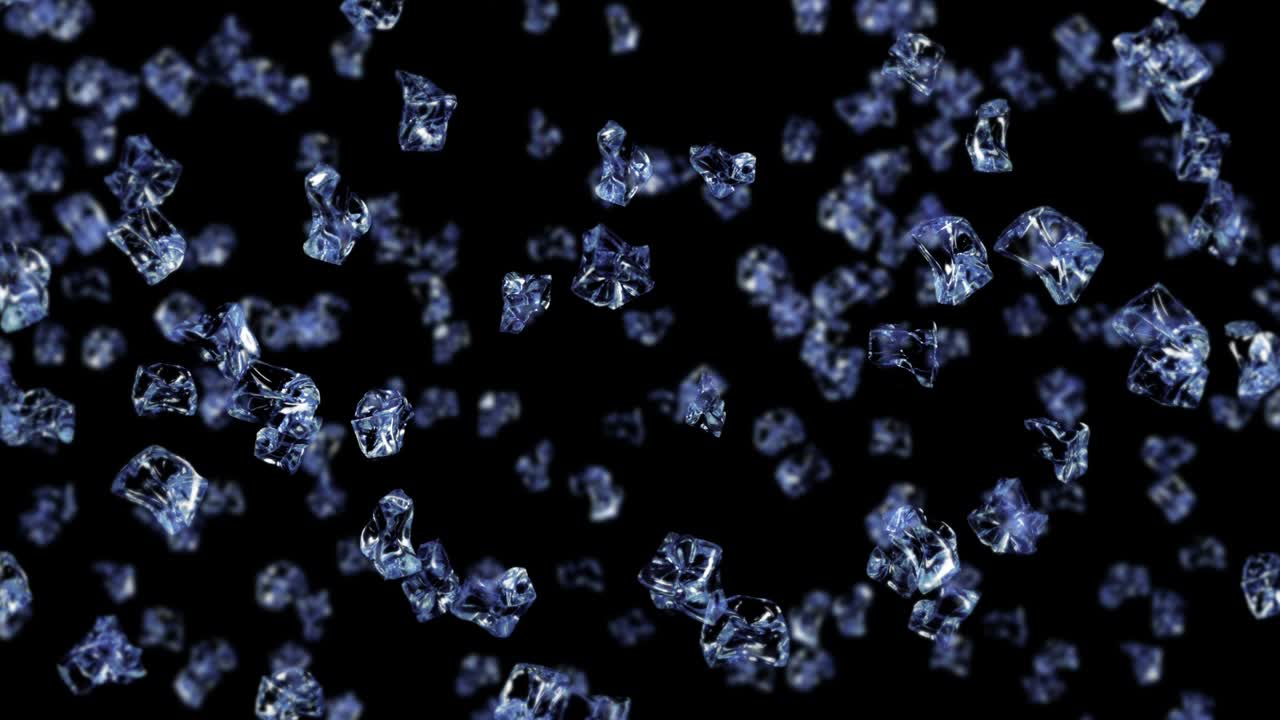 검은색 바탕에 많은 깨한 얼음 큐브를 날아. 부서진 얼음 조각, 자연 물. 부러진 얼음의 3d 애니메이션 회전. 루프 애니메이션.