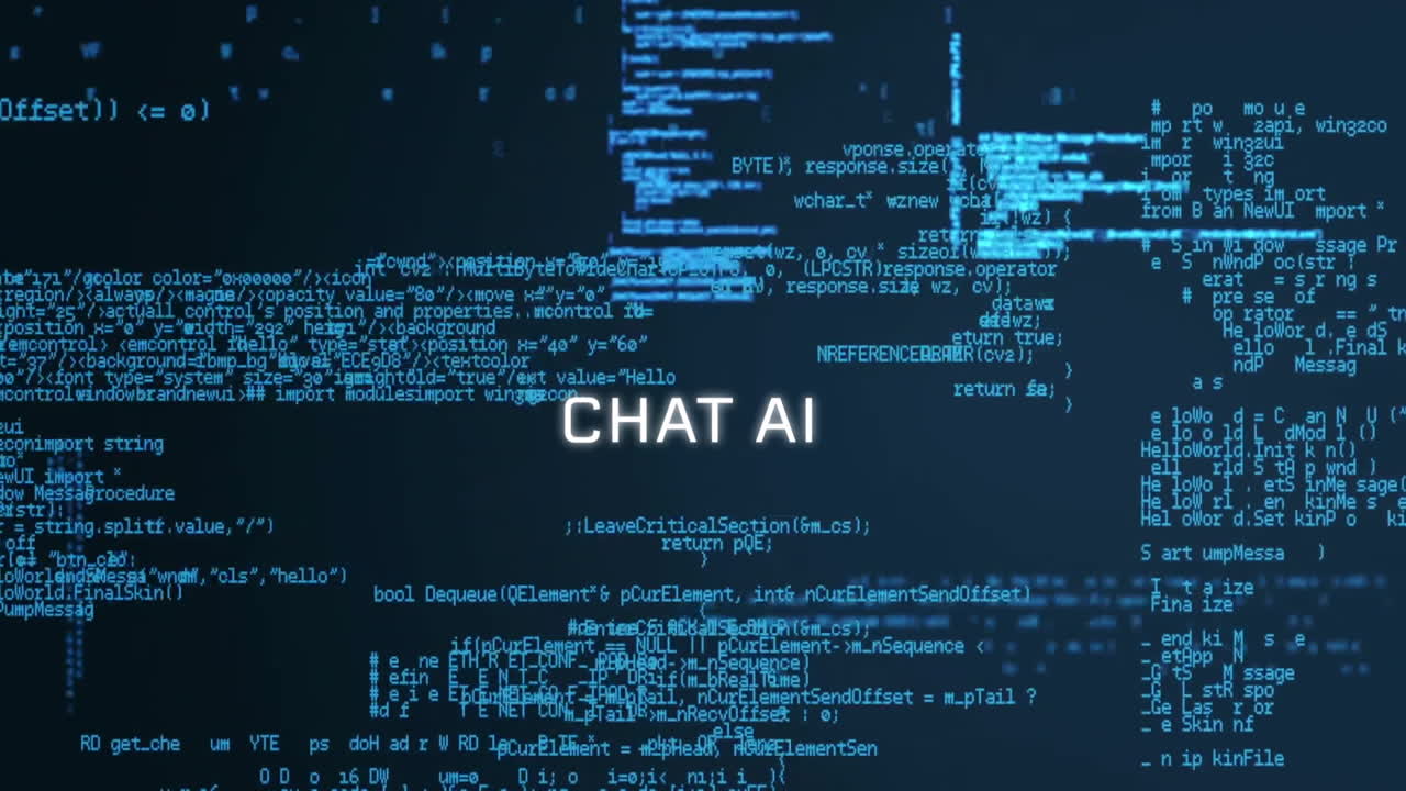 Animation of chat ai and data processing over black background