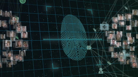 animación de la huella digital biométrica y la red de conexiones sobre un fondo oscuro