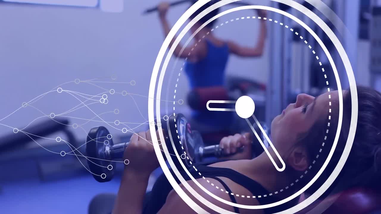 체육관에서 운동하는 다양한 스포츠 선수들에 대한 데이터 처리의 애니메이션