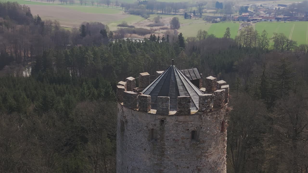 Knights ferocious sword combat fight atop medieval castle tower DRONE orbit shot