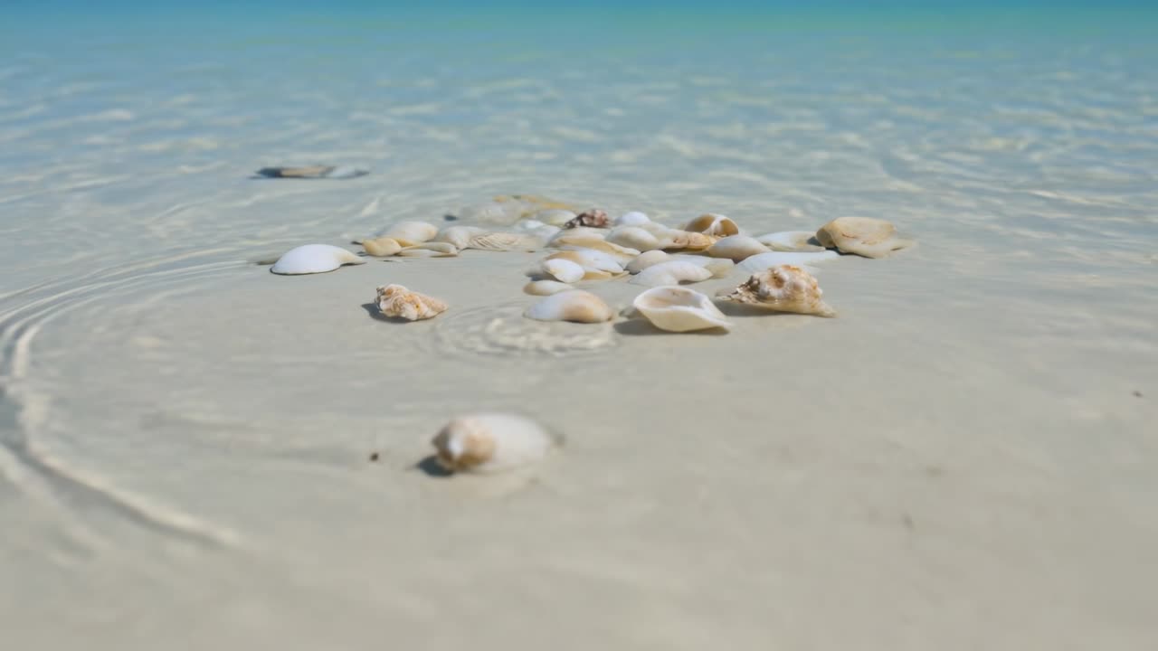 Shifting current moving shell cluster with front shell on shallow sand, forming circular ripples