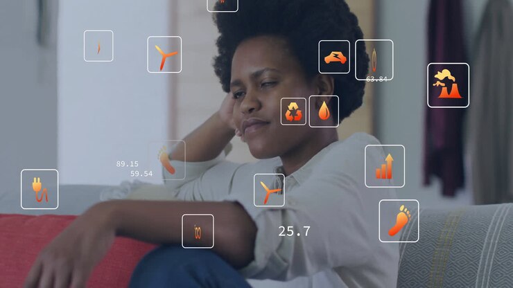 Relaxing on couch, woman with digital energy animation and data overlay
