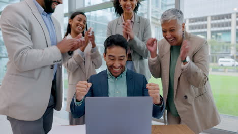 Celebration,-applause-and-businessman-with-laptop