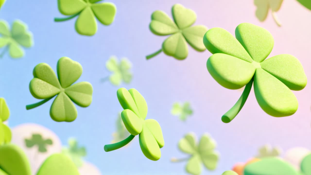 Camera moving, 3D four-leaf clover cluster drifting past center in pastel sky to reveal depth