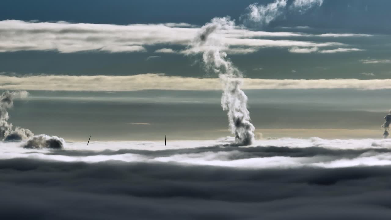 두꺼운 구름 위의 놀라운 공중 드론 샷