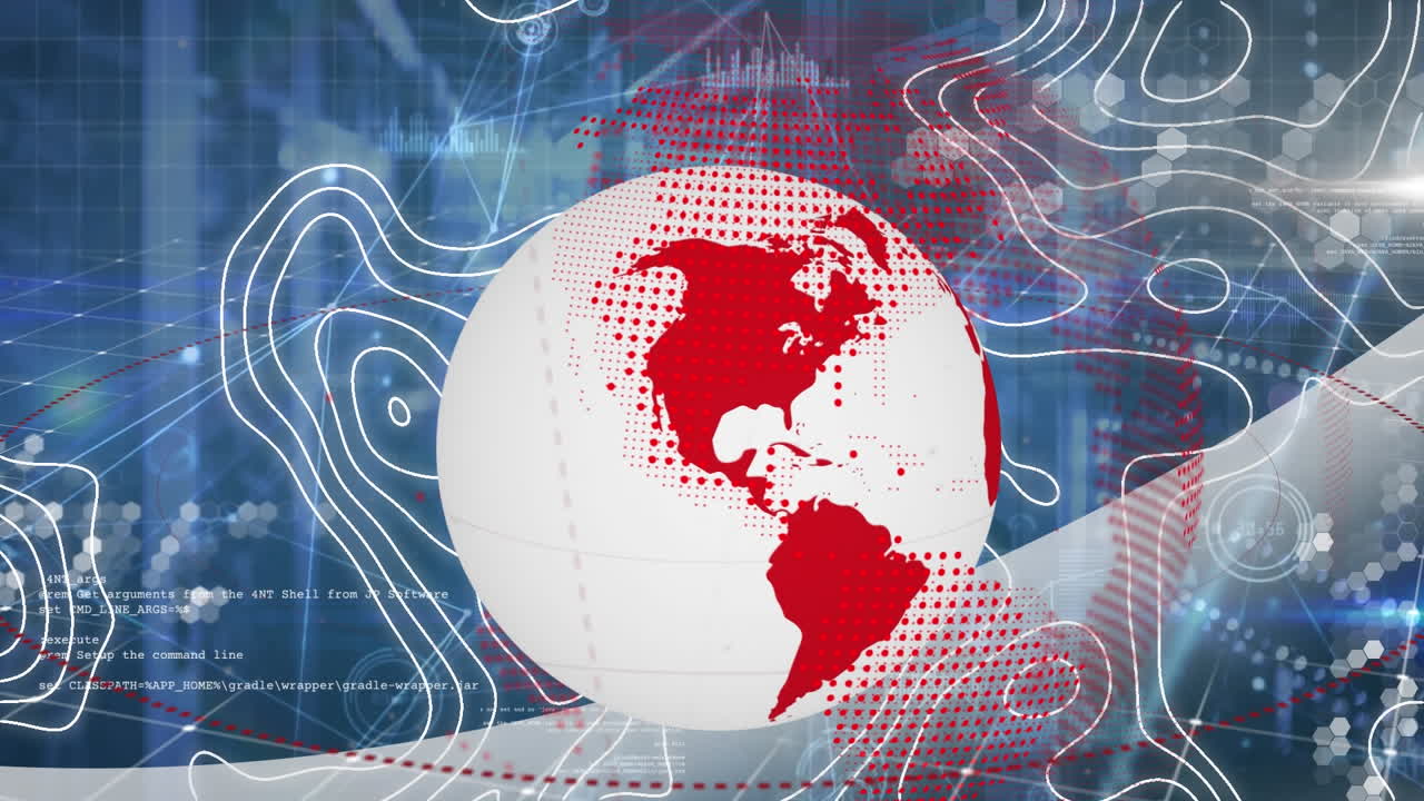 Animation of globe, white map lines and data processing over computer servers