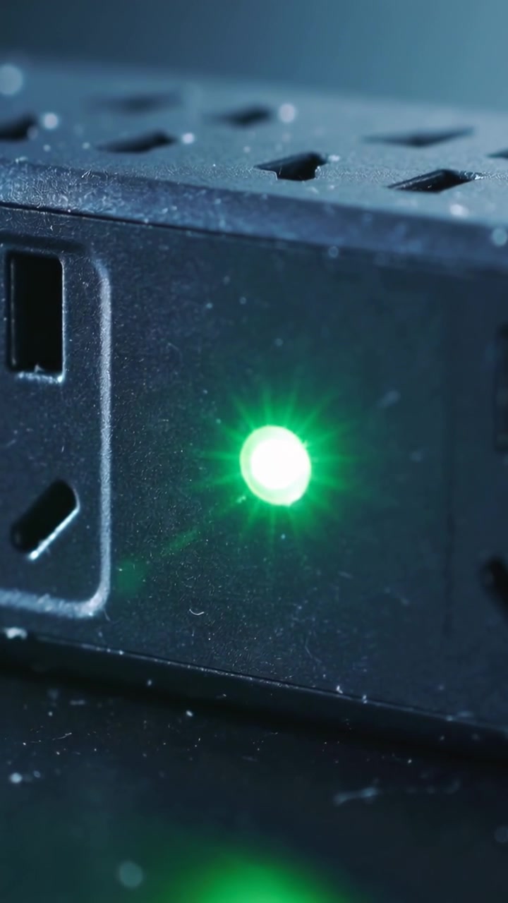 Vertical video: Receiving power, black power strip brightening green LED on desk, indicating power