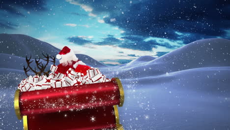 animation of snow falling over santa claus in sleight with reindeer in winter landscape