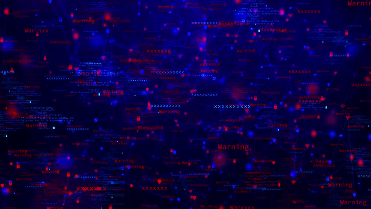 Security alert network warning visual with red danger text blue node connections and digital lock