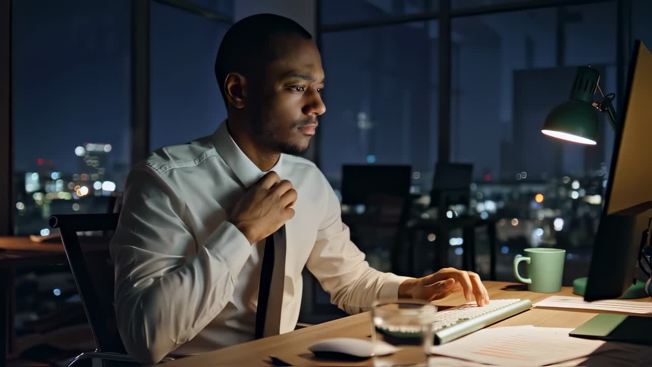 Focused businessman is working late at night in a modern office, diligently typing on his keyboard with the city lights visible through the window