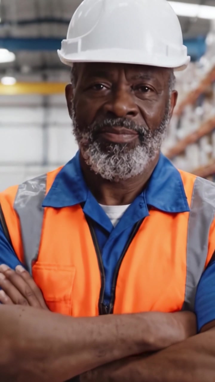 Trabalhador Masculino Confiante com Equipamento de Segurança Supervisionando Operações de Armazém com Compromisso e Profissionalismo.