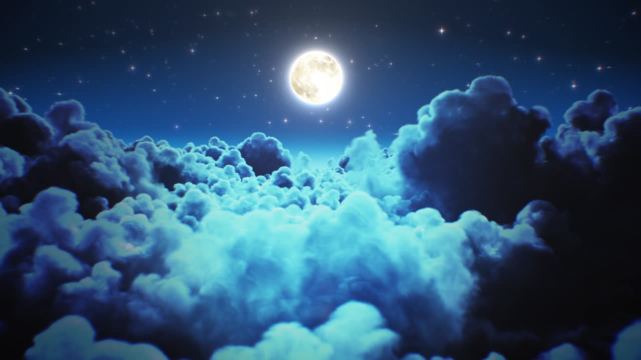 달빛과 함께 밤의 타임 스 구름을 날아다니며, 하늘에서 반이는 별과 함께 자정의 구름 경관을 통해 비행의 루프 3d 애니메이션.