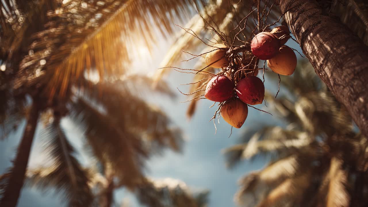 Vibrant Tropical Scene Featuring Lush Palm Trees and Colorful Fruit Bunches Bathed in Warm Sunshine, Capturing the Essence of a Relaxing Paradise Setting