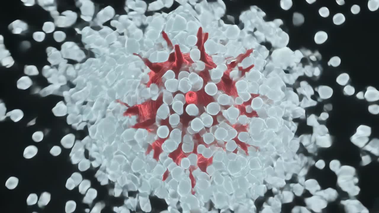 Sciame di particelle bianche in arrivo che ricoprono una sfera rossa appuntita su sfondo nero, creando un vuoto oscuro.