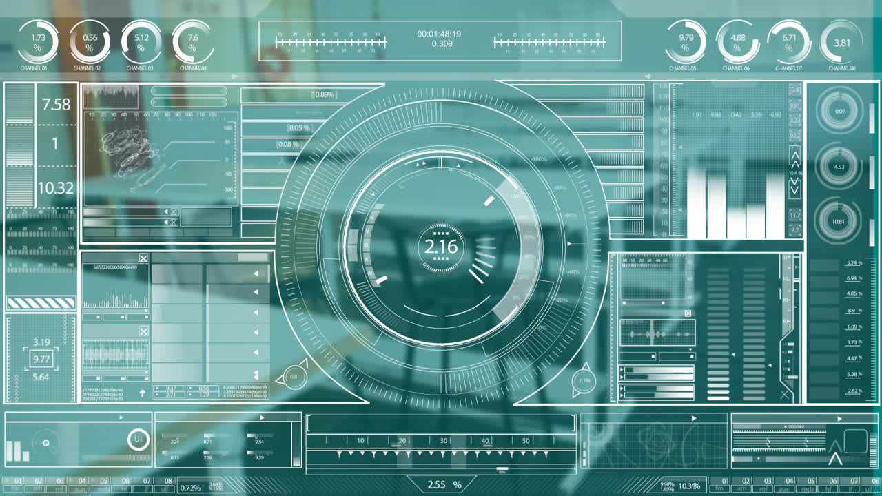 Data processing animation on futuristic interface over blurred background