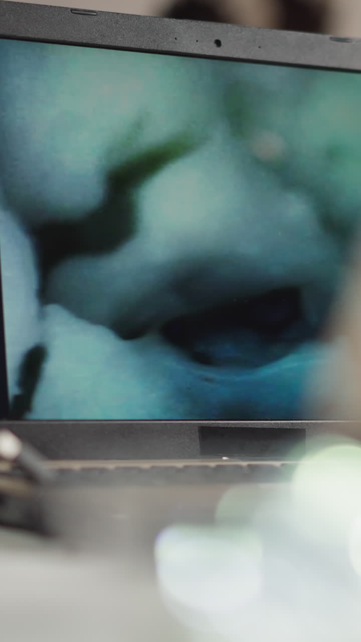 Structure of researched material sample macro microscope view via screen of contemporary laptop on table in scientific laboratory