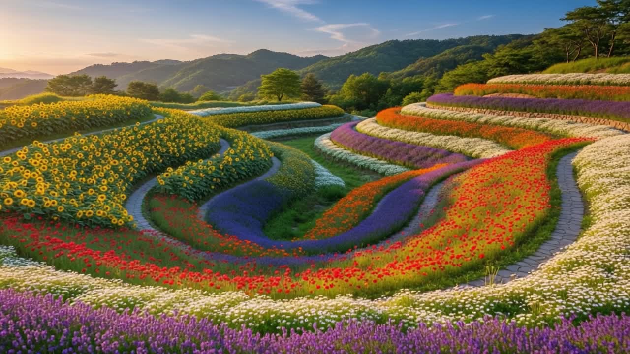 Stunning Array of Colorful Flower Fields with Rolling Hills and Serpentine Pathways Captured in Breathtaking Light During Golden Hour