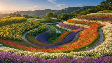 stunning array of colorful flower fields with rolling hills and serpentine pathways captured in breathtaking light during golden hour