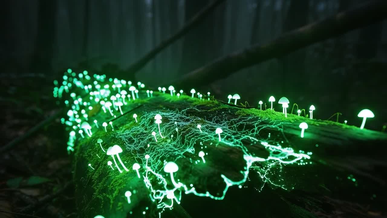 A Mesmerizing Display of Bioluminescent Mushrooms Surrounded by Ethereal Light on a Moss-Covered Log in a Mystical Forest Environment