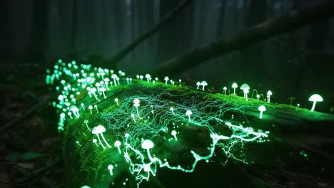 a mesmerizing display of bioluminescent mushrooms surrounded by ethereal light on a moss-covered log in a mystical forest environment