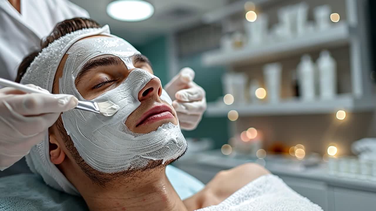 Man receiving a facial mask at a spa or beauty salon