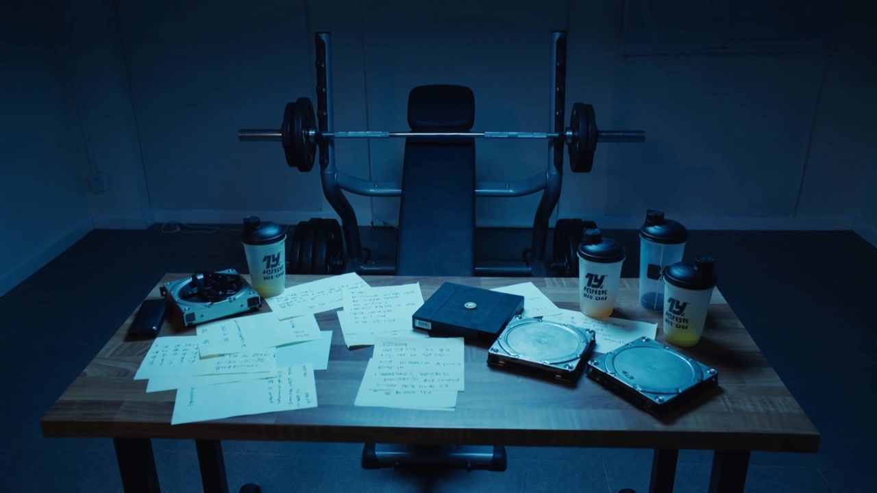 Shifting framing revealing handwritten pages, HDD platters on table at home gym clarifying details