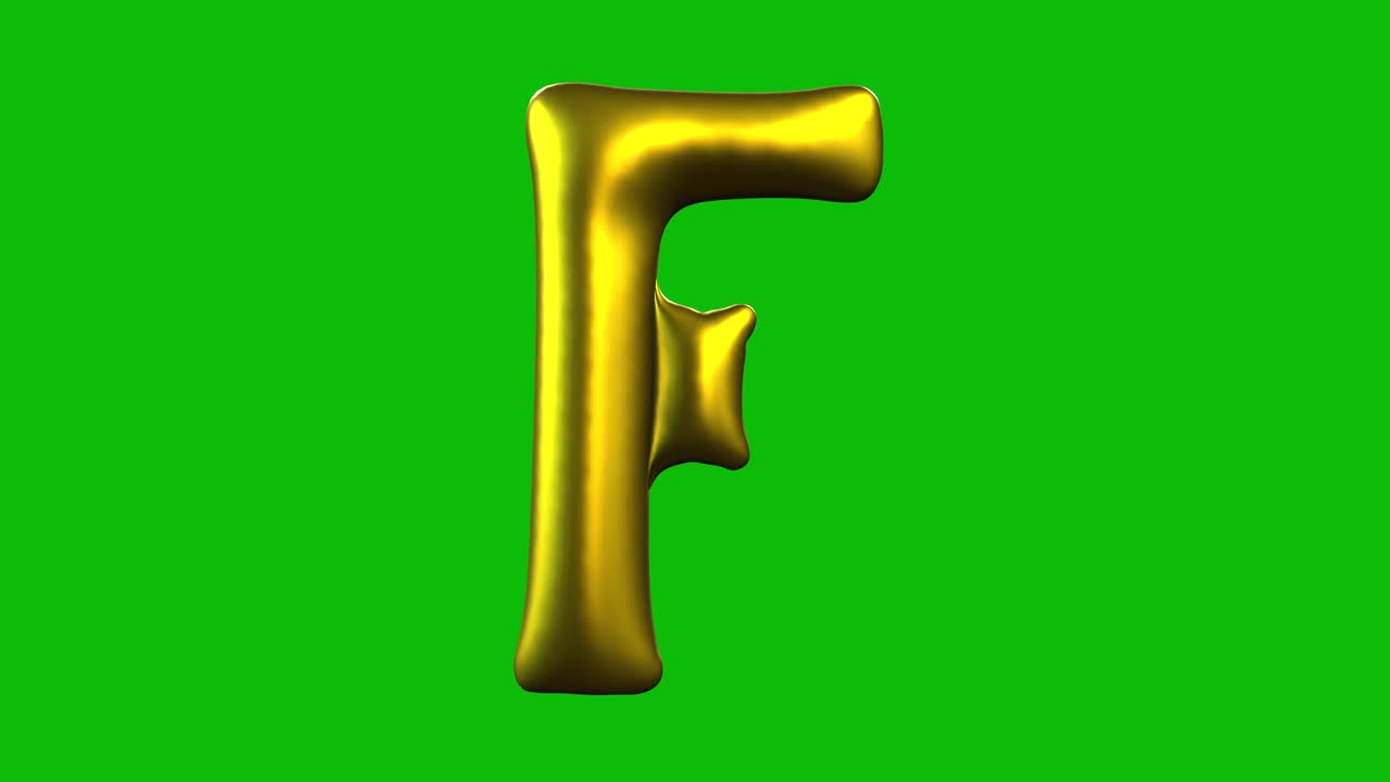 Gold Foil balloon letter F inflates, spins, and reveals on green screen in 3D animation. Ideal for celebrations, parties, birthdays, and video editing projects