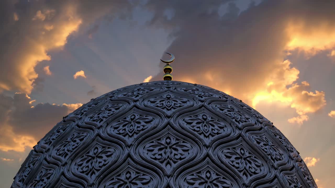 Low-angle shot of an ornate mosque dome against a dramatic sunset sky, capturing intricate patterns