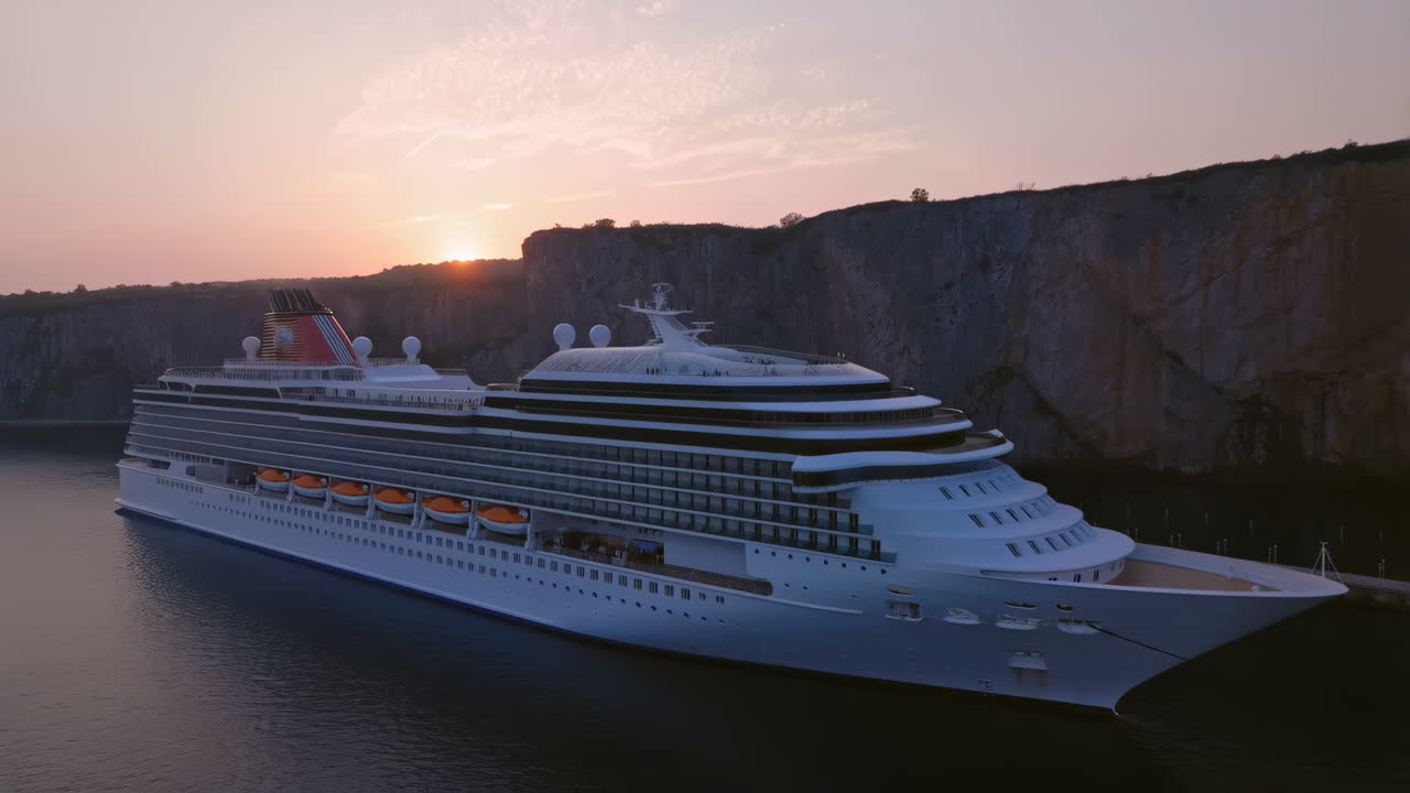 Luxury Cruise Ship Sailing Through a Scenic Fjord at Sunset