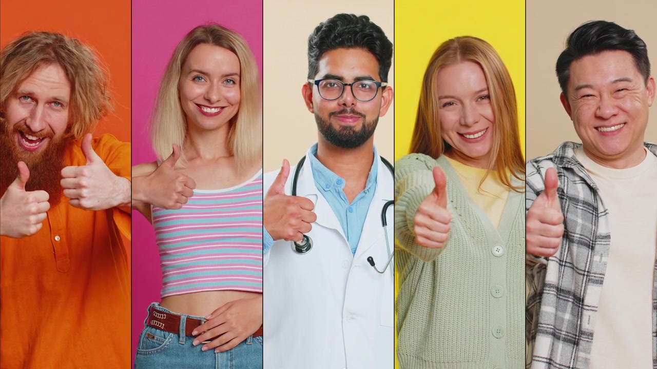 Collage of diverse happy smiling people showing thumbs up like sign positive good positive feedback