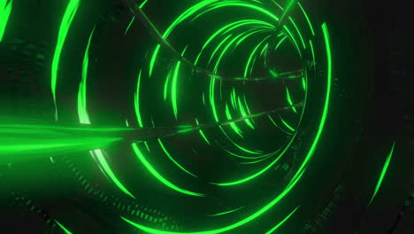 animation of tunnel with glowing green light trails moving over black background