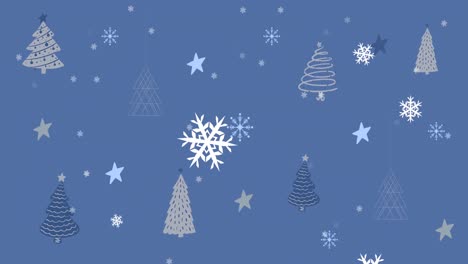 Animation-Von-Weihnachtsbäumen-über-Schnee,-Der-Auf-Blauen-Hintergrund-Fällt