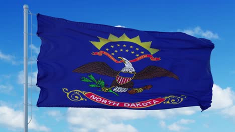 north dakota flag on a flagpole waving in the wind, blue sky background. 4k