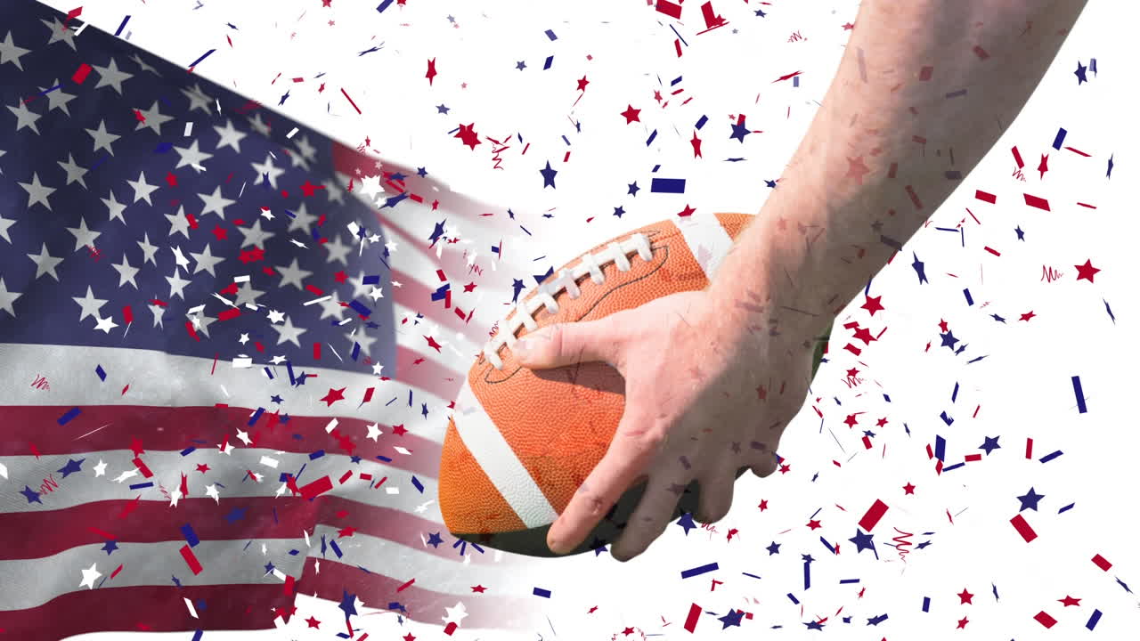 럭비 공을 들고 있는 미국 럭비 선수의 디지털 애니메이션 4k